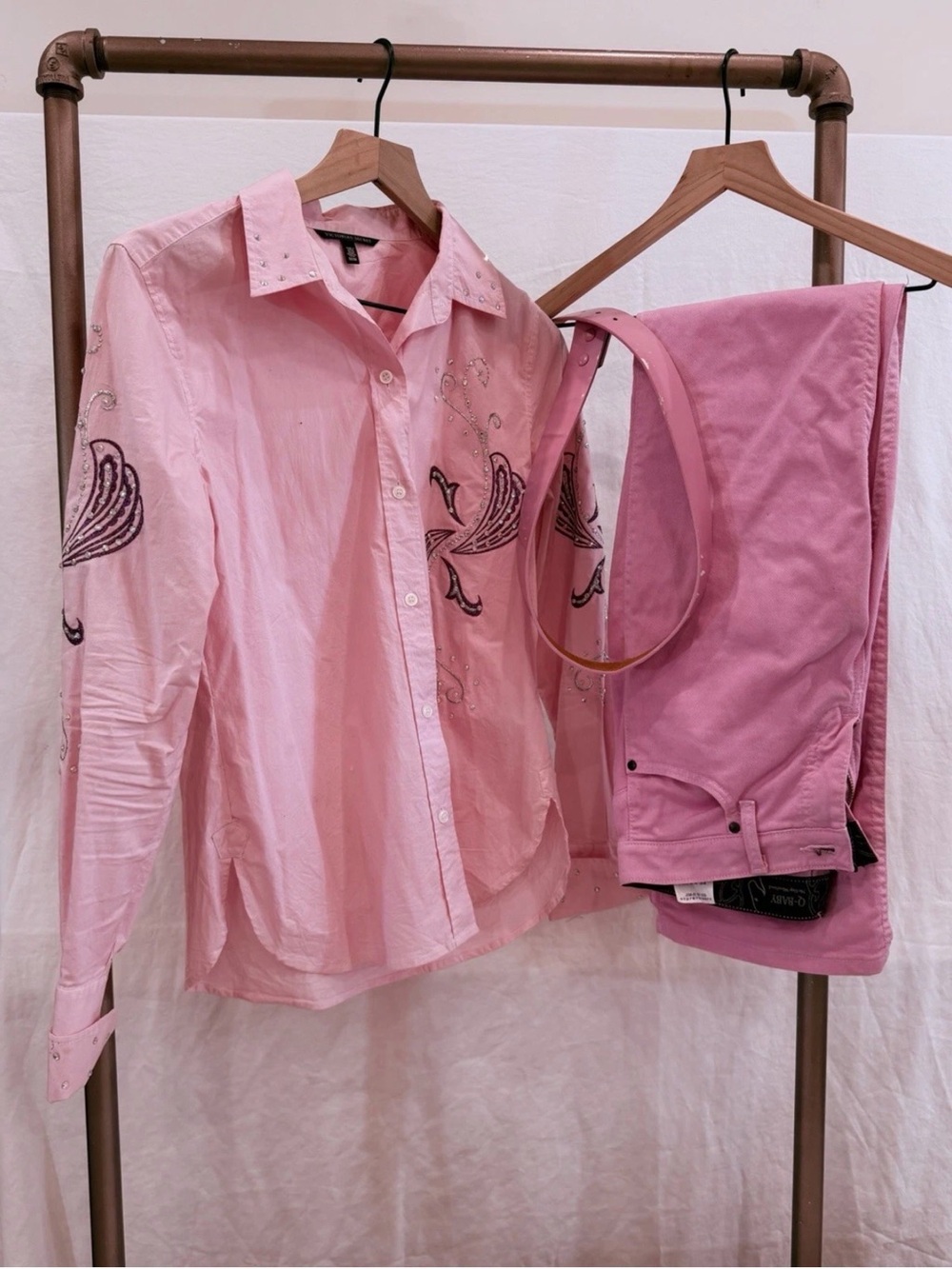 Embellished Pink Button-Down Shirt with Swirl Motif